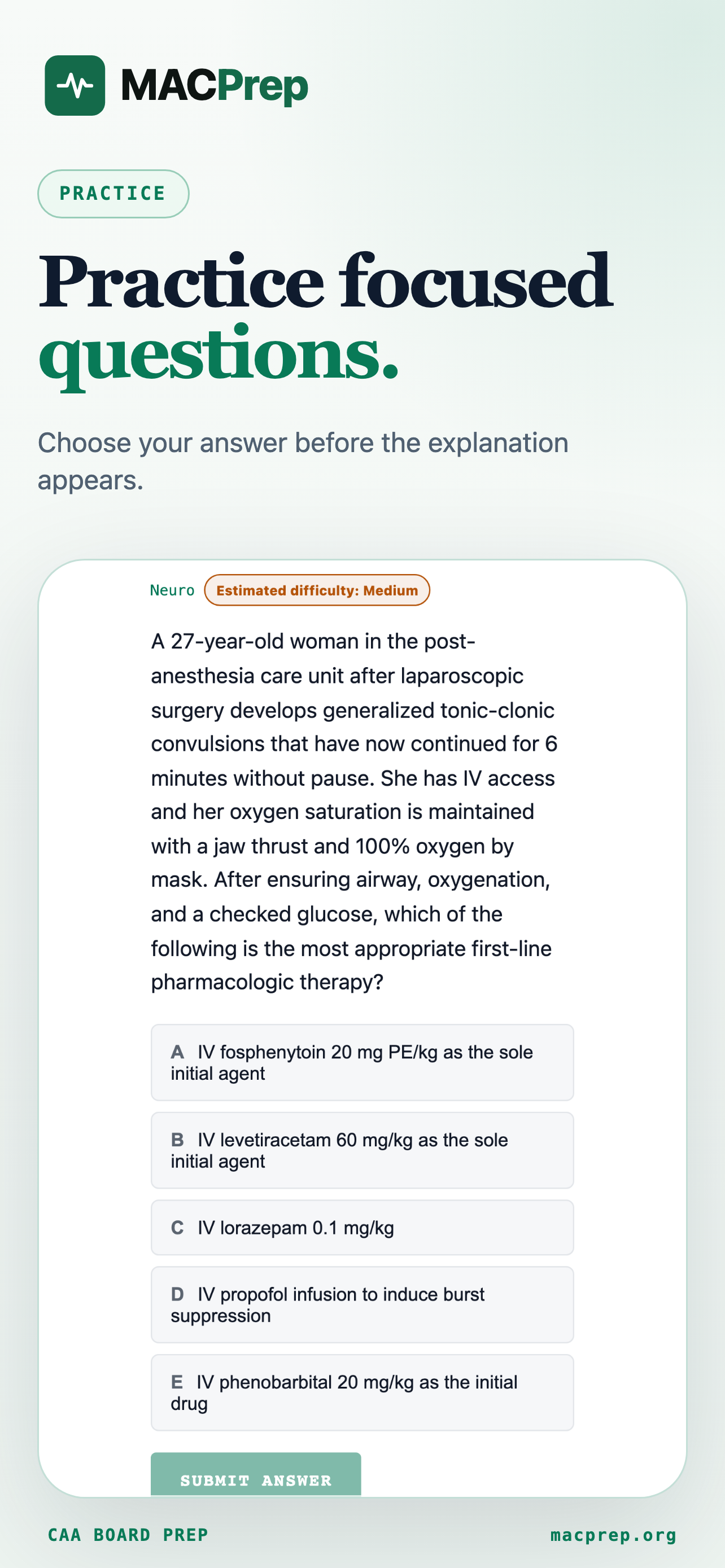CAA Board Prep practice question screen showing an estimated difficulty label and five answer choices