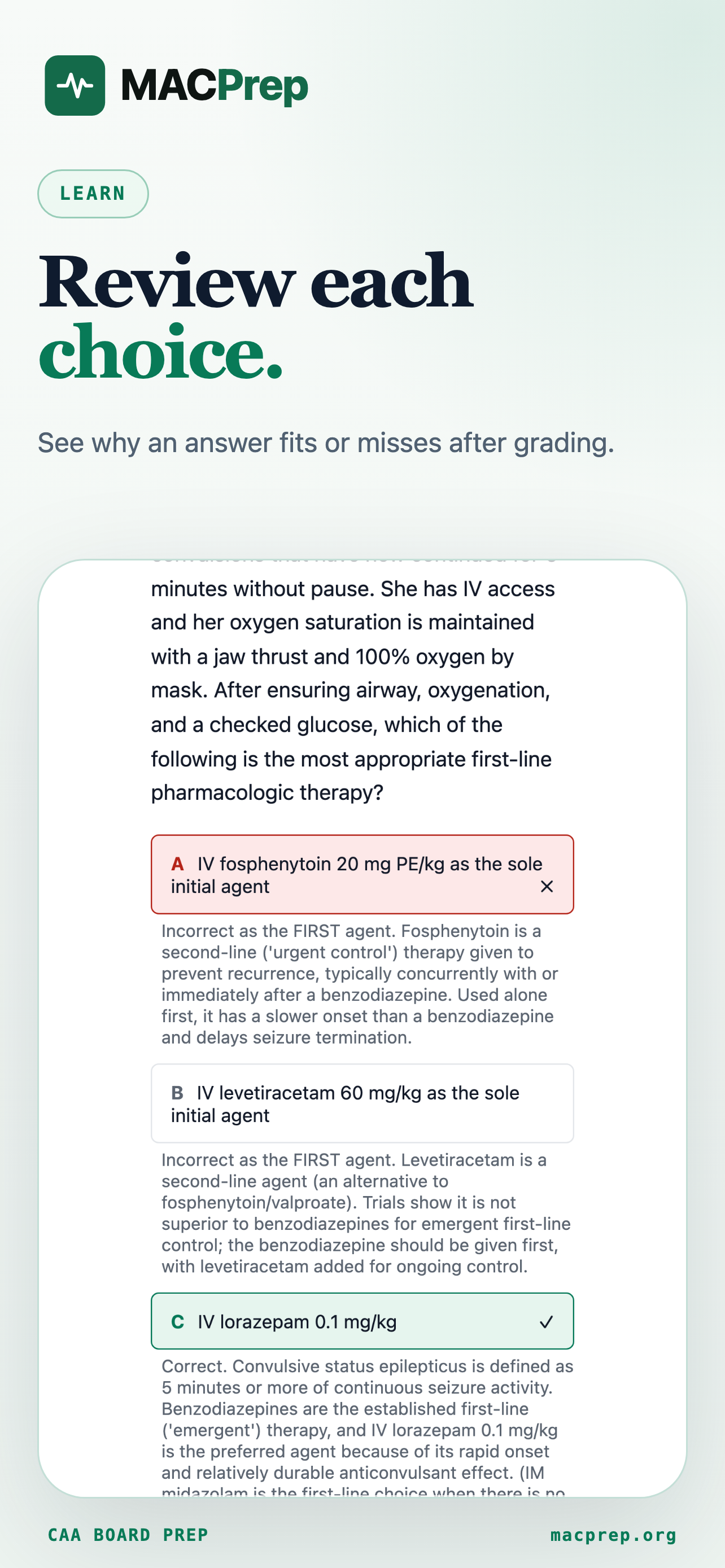 CAA Board Prep review screen explaining why each answer choice is correct or incorrect